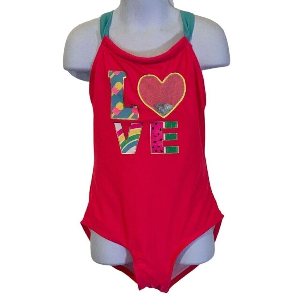 Cat & Jack Girls Love Swimsuit Size M 7/8 Pink Teal